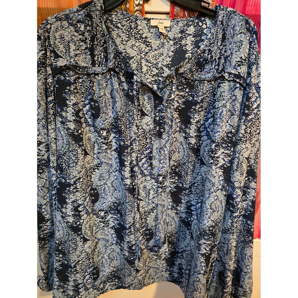 Joie Blue Abstract Paisley Print Pintuck Tie Neck Long Sleeve Blouse XL